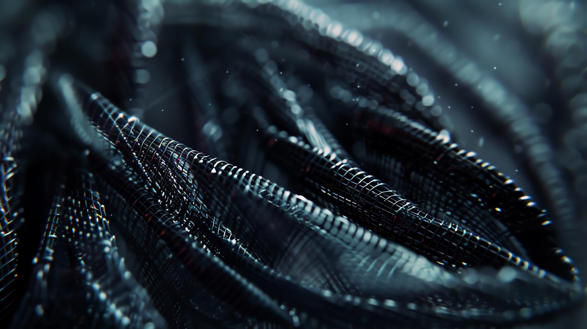 Close-up of futuristic embroidered textile with metallic threads